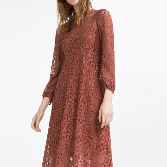 NWT $70 ZARA Women XS Terracotta Lace Overlay Cami Midi Dress Bohemian Elegant - Picture 2 of 13